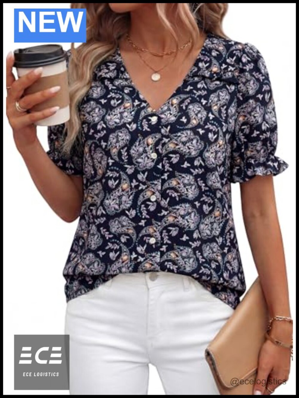 Womens Boho Floral V Neck Puff Sleeve Blouse Button Down Summer Top